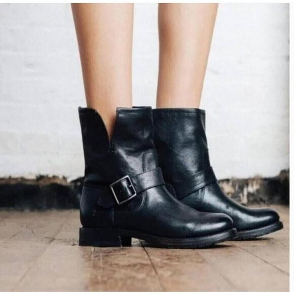 Frye Natalie Classic Short Engineer Leather Moto Boots Black 8.5 - Picture 3 of 13